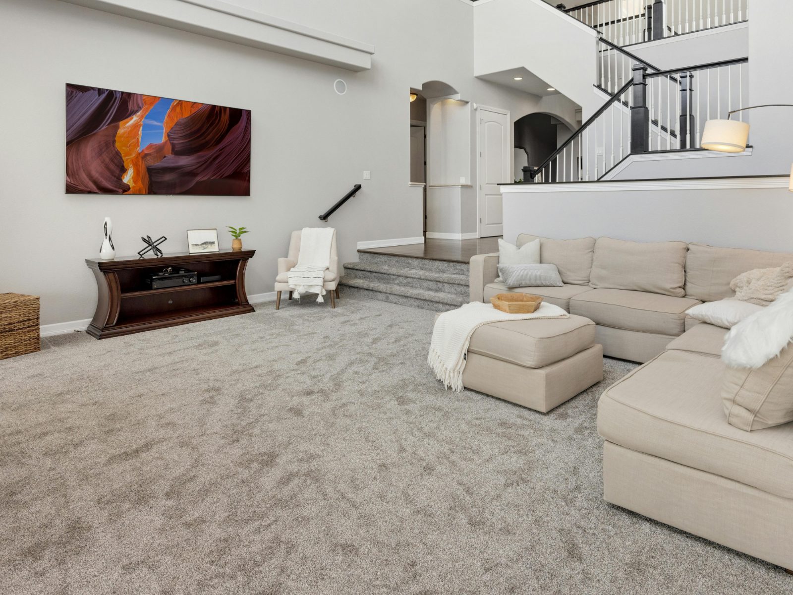 Living room carpet with matted traffic wear, before cleaning (simulated example)